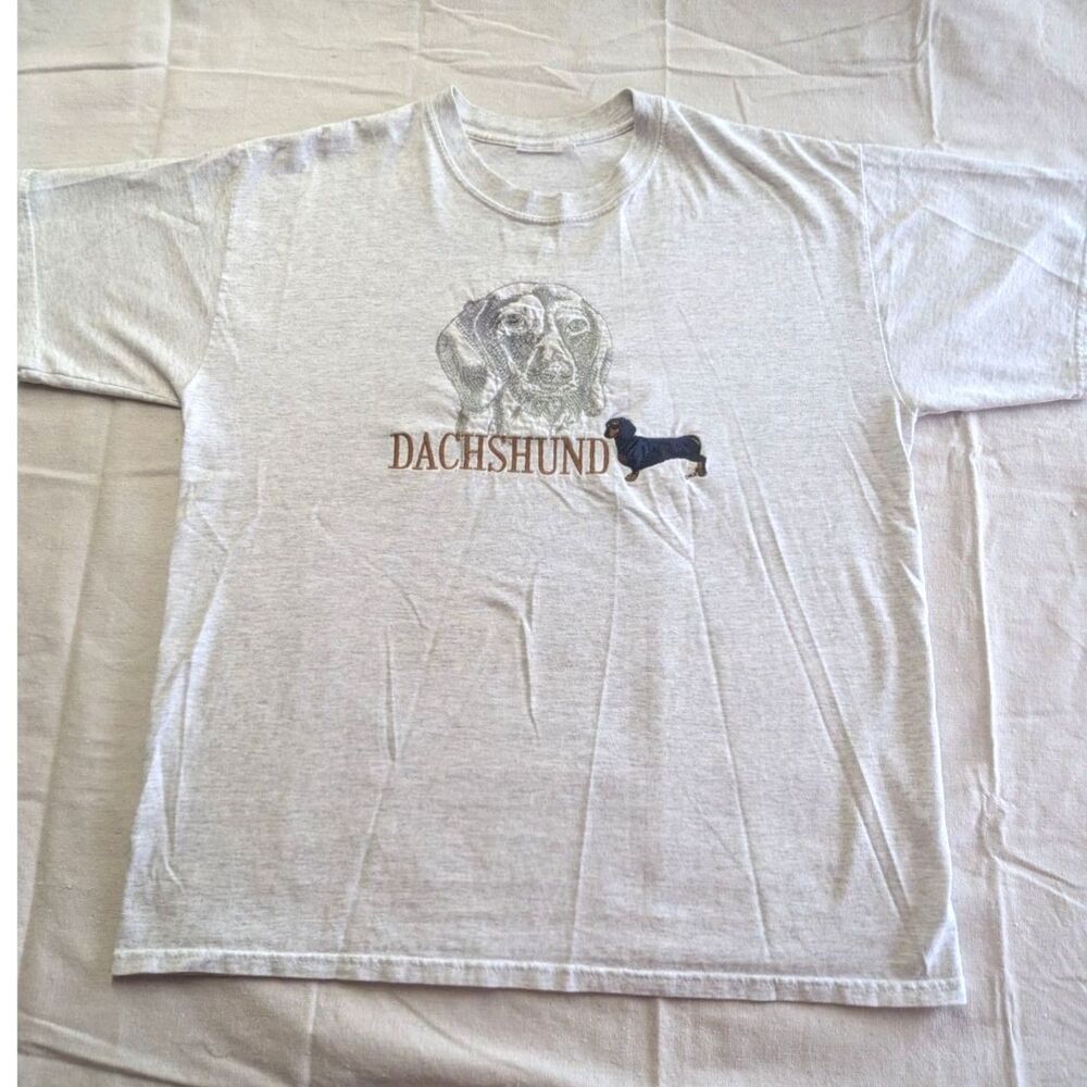 Vintage 90s Dachshund Dog Breed Graphic Tee Shirt Heather Grey Large Boxy